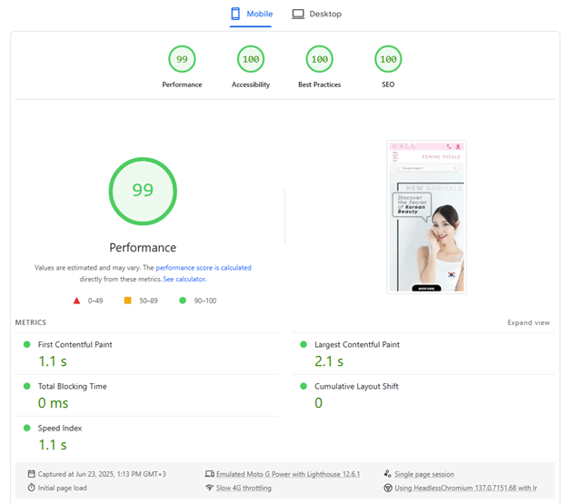 Enterprise Magento performance dashboard showing 100/100 PageSpeed scores