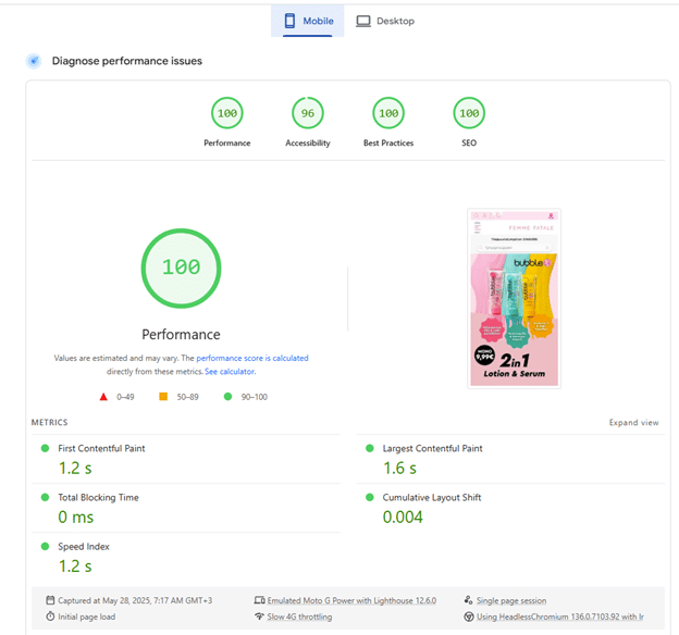 Google PageSpeed Insights mobile audit showing 100 score for enterprise WooCommerce store