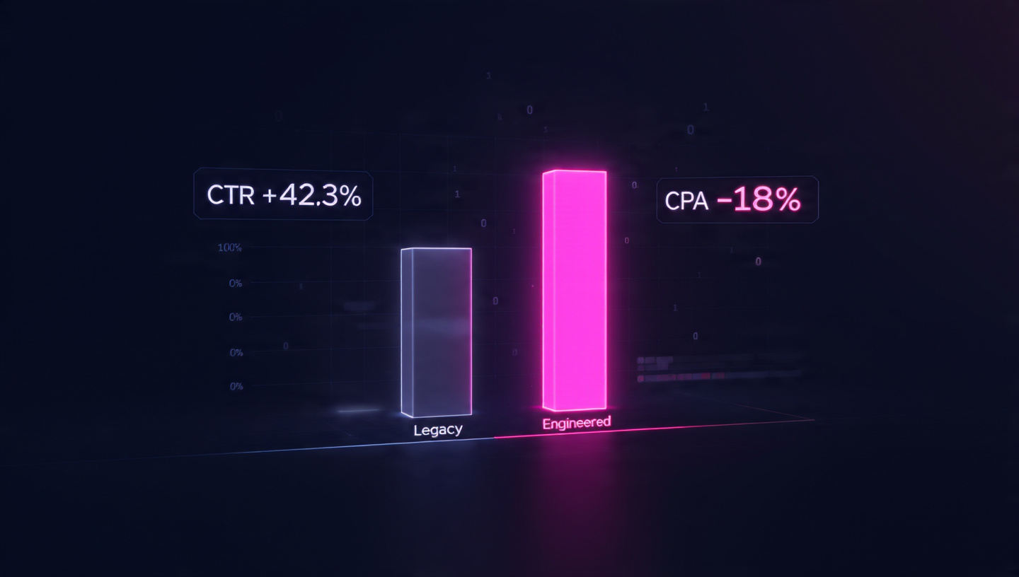 HDA Visual Delta Report showing 42% CTR lift and 18% CPA reduction.