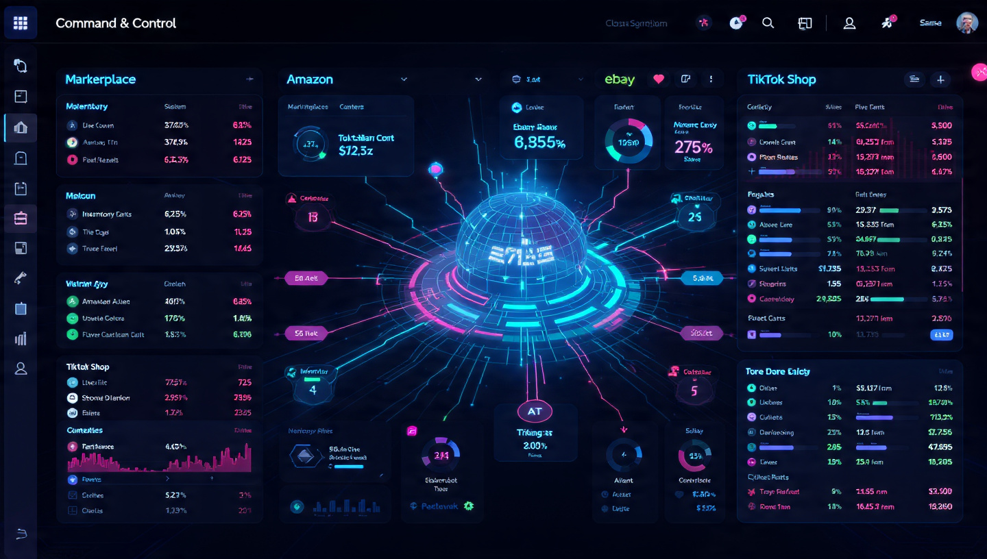HDA Command & Control interface showing real-time inventory parity and multi-channel marketplace synchronization.