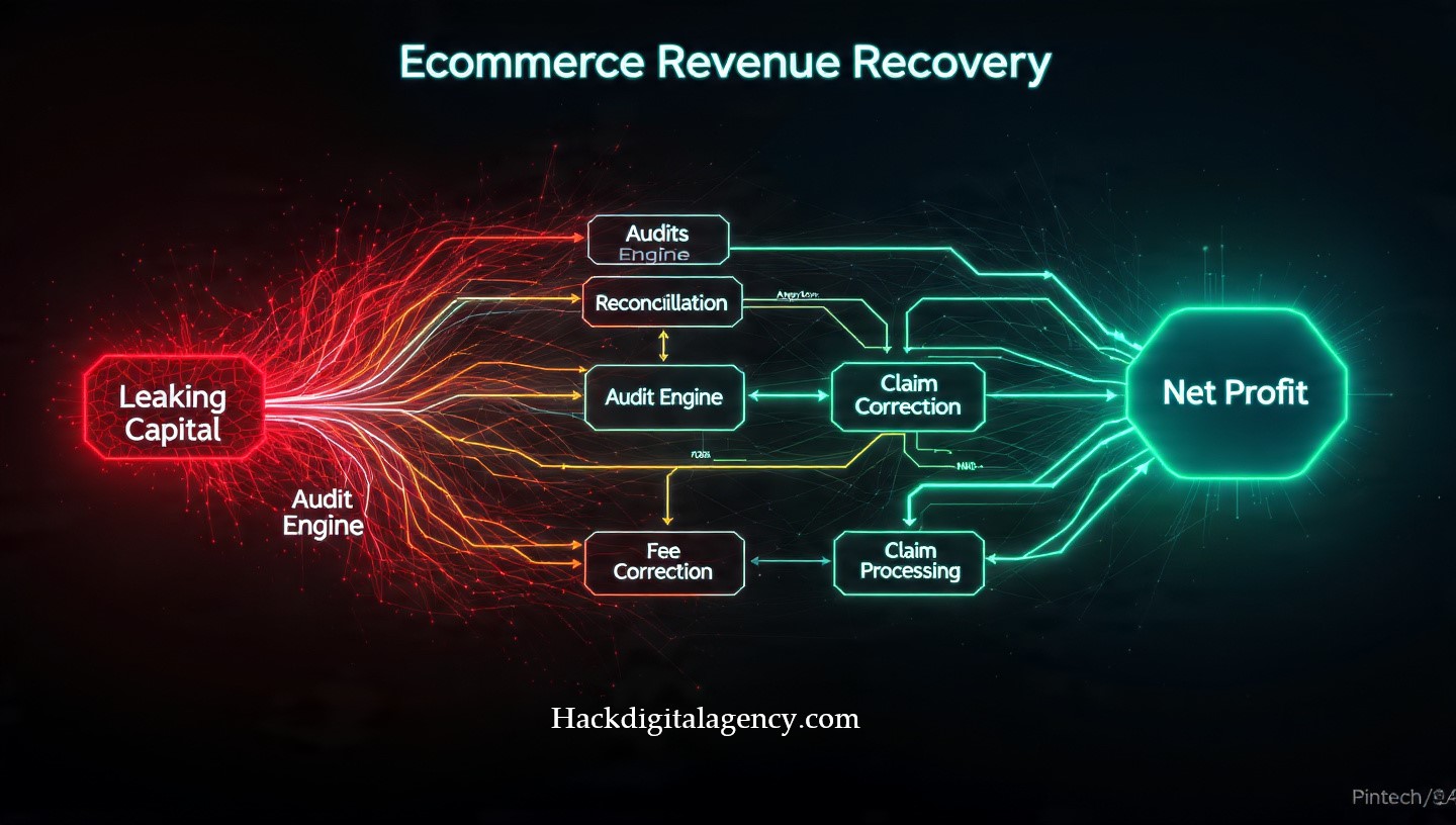 Technical flowchart of the HDA forensic revenue recovery process for Amazon FBA reimbursements and fee correction.